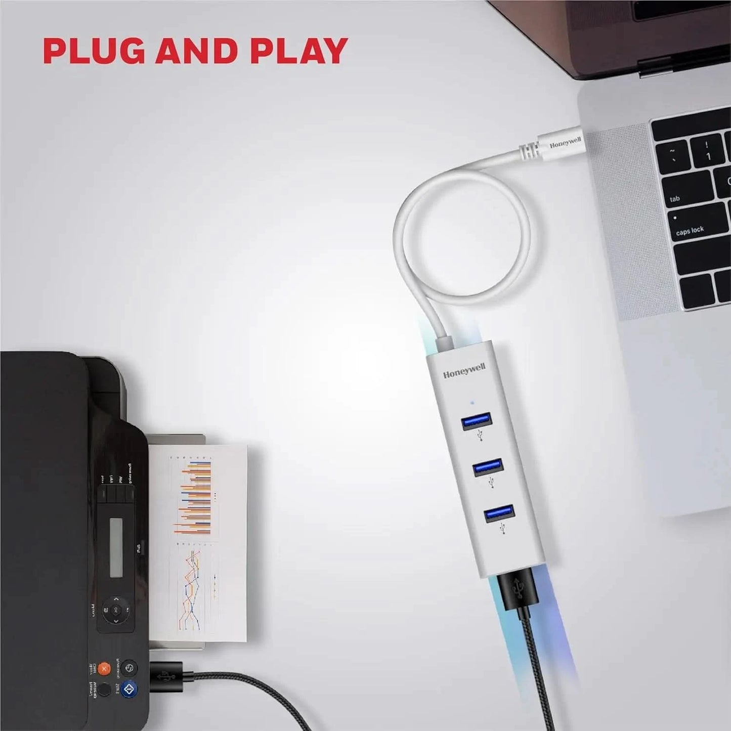 Honeywell Momentum Type C to 4xUSB 3.0 Hub, Super-Fast Transmission Speed 5GBPS, Max Current 900mA per Port, Universally Compatible with All Type C- MacBook, Laptop, PC, Printer, Mobiles, Keyboard