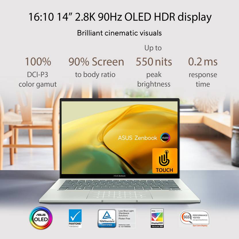ASUS ZENBOOK 14 OLED TOUCH INTEL EVO P-SERIES INTEL CORE I7 12TH GEN 1260P - (16 GB/512 GB SSD/WINDOWS 11 HOME) UX3402ZA-KN732WS THIN AND LIGHT LAPTOP (14 INCH, AQUA CELADON, 1.39 KG, WITH MS OFFICE)