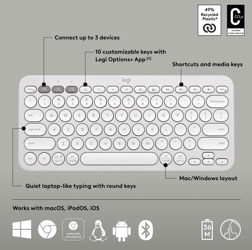 LOGITECH K380 WIRELESS MULTI-DEVICE BLUETOOTH KEYBOARD OFF WHITE