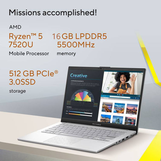 ASUS VIVOBOOK GO 14 AMD RYZEN 5 QUAD CORE 7520U - (16 GB/512 GB SSD/WINDOWS 11 HOME) E1404FA-NK541WS THIN AND LIGHT LAPTOP  (14 INCH, COOL SILVER, 1.38 KG, WITH MS OFFICE)