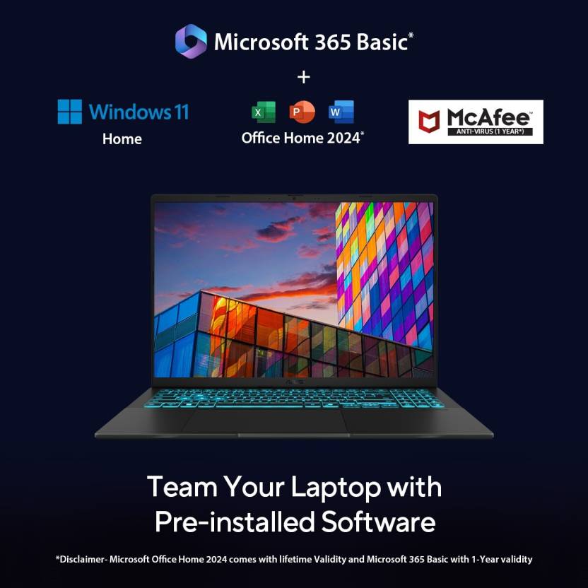 ASUS GAMING V16 (2025) WITH OFFICE 2024 + M365 BASIC*, AI PC INTEL CORE 5 210H - (16 GB/512 GB SSD/WINDOWS 11 HOME/6 GB GRAPHICS/NVIDIA GEFORCE RTX 4050/144 HZ) V3607VU-RP550WS GAMING LAPTOP (16 INCH, MATTE BLACK, 1.95 KG, WITH MS OFFICE)