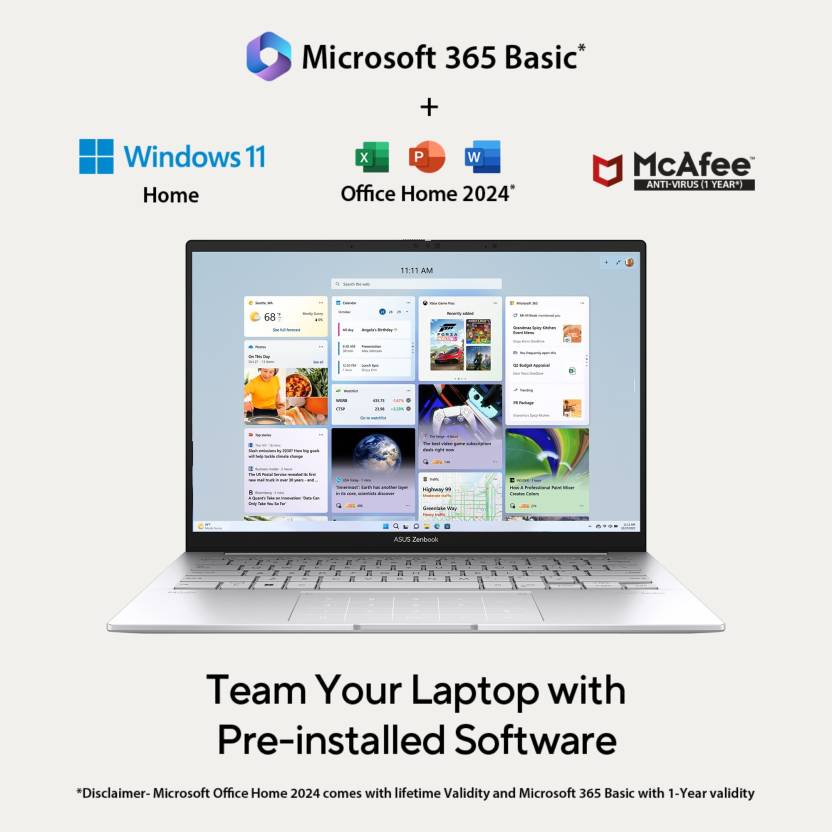 ASUS ZENBOOK 14 OLED (2025) WITH OFFICE 2024 + M365 BASIC*, AI PC INTEL CORE ULTRA 5 225H - (16 GB/1 TB SSD/WINDOWS 11 HOME) UX3405CA-PZ345WS THIN AND LIGHT LAPTOP (14 INCH, FOGGY SILVER, 1.28 KG, WITH MS OFFICE)