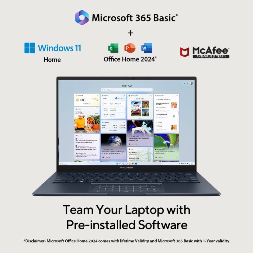 ASUS ZENBOOK 14 OLED (2025) WITH OFFICE 2024 + M365 BASIC*, AI PC INTEL CORE ULTRA 9 285H - (32 GB/1 TB SSD/WINDOWS 11 HOME) UX3405CA-PZ164WS THIN AND LIGHT LAPTOP (14 INCH, PONDER BLUE, 1.28 KG, WITH MS OFFICE)