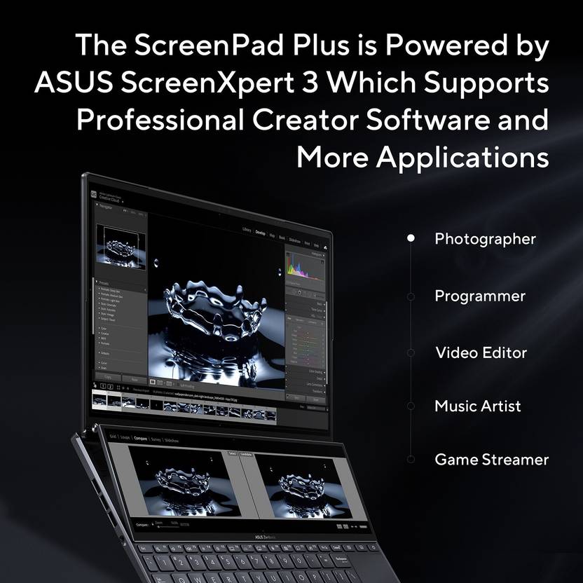 ASUS ZENBOOK PRO 14 DUO OLED FOR CREATOR, INTEL H-SERIES INTEL CORE I5 13TH GEN 13500H - (16 GB/1 TB SSD/WINDOWS 11 HOME/6 GB GRAPHICS/NVIDIA GEFORCE RTX 4050/120 HZ/65 TGP) UX8402VU-MZ551WS GAMING LAPTOP  (14.5 INCH, TECH BLACK, 1.75 KG, WITH MS OFFICE)