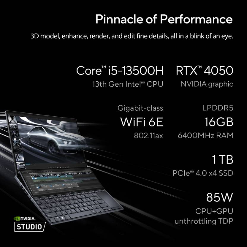 ASUS ZENBOOK PRO 14 DUO OLED FOR CREATOR, INTEL H-SERIES INTEL CORE I5 13TH GEN 13500H - (16 GB/1 TB SSD/WINDOWS 11 HOME/6 GB GRAPHICS/NVIDIA GEFORCE RTX 4050/120 HZ/65 TGP) UX8402VU-MZ551WS GAMING LAPTOP  (14.5 INCH, TECH BLACK, 1.75 KG, WITH MS OFFICE)