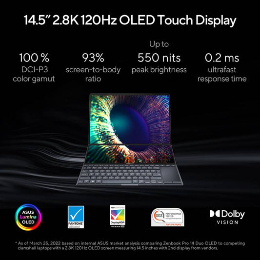 ASUS ZENBOOK PRO 14 DUO OLED FOR CREATOR, INTEL H-SERIES INTEL CORE I5 13TH GEN 13500H - (16 GB/1 TB SSD/WINDOWS 11 HOME/6 GB GRAPHICS/NVIDIA GEFORCE RTX 4050/120 HZ/65 TGP) UX8402VU-MZ551WS GAMING LAPTOP  (14.5 INCH, TECH BLACK, 1.75 KG, WITH MS OFFICE)