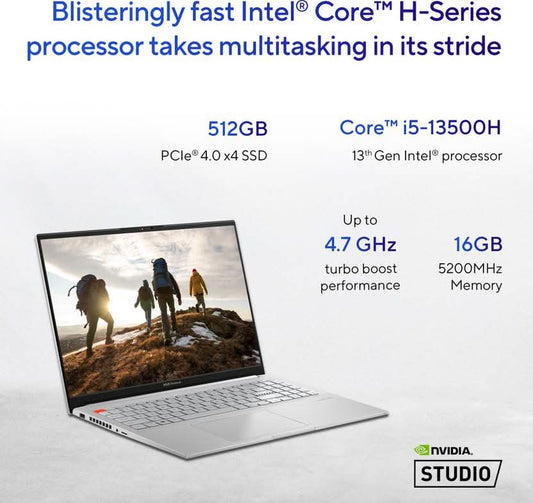 ASUS Vivobook Pro 15 OLED For Creator, Intel H-Series Intel Core i5 13th Gen 13500H - (16 GB/512 GB SSD/Windows 11 Home/6 GB Graphics/NVIDIA GeForce RTX 4050/120 Hz/65 TGP) K6502VU-MA542WS Gaming Laptop  (15.6 Inch, Cool Silver, 1.80 Kg, With MS Office)