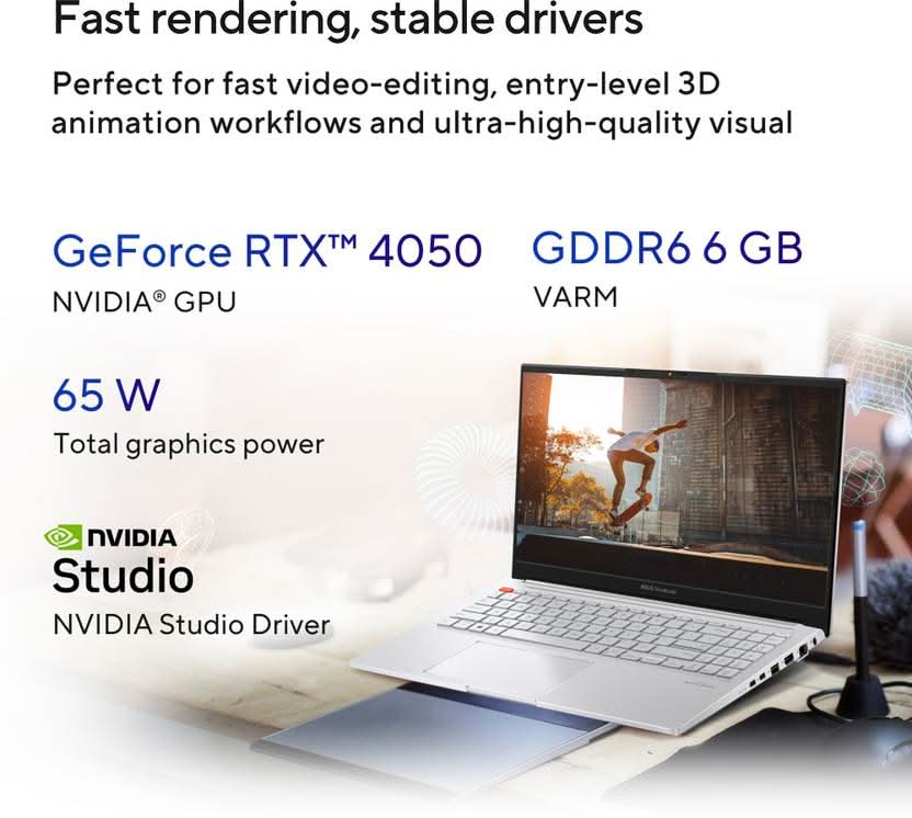 ASUS Vivobook Pro 15 OLED For Creator, Intel H-Series Intel Core i5 13th Gen 13500H - (16 GB/512 GB SSD/Windows 11 Home/6 GB Graphics/NVIDIA GeForce RTX 4050/120 Hz/65 TGP) K6502VU-MA542WS Gaming Laptop  (15.6 Inch, Cool Silver, 1.80 Kg, With MS Office)