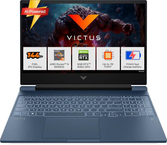 HP Victus AMD Ryzen 9 Octa Core 8945HS - (16 GB/1 TB SSD/Windows 11 Home/8 GB Graphics/NVIDIA GeForce RTX 4060/144 Hz) 15-fb3025AX Gaming Laptop (15.6 Inch, Performance Blue, Chrome Logo, 2.29 Kg, With MS Office)