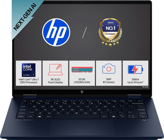 HP OmniBook X Flip 14-FM0029TU, Intel Core Ultra 7 258V, 32GB RAM, 1TB SSD, Intel Graphics, Windows 11 Home, MS Office 24, 14 Inch OLED 3k Resolution Touch,  2 in 1 Laptop, 1.38 Kg, Blue