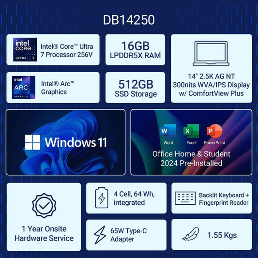Dell 14 Plus DB14250 14 Inch QHD+ Laptop, Intel Core Ultra 7 256V, 16GB RAM, 512GB SSD, Windows 11 Home, Microsoft Office 2024, Blue