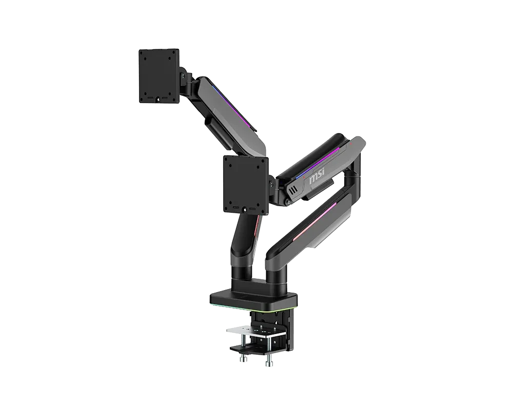 MSI MPG MT201DRG Dual Monitor Arm, Gas Spring, 17–35 Inch, Up to 20kg per Screen, VESA 75x75/100x100, RGB, Black