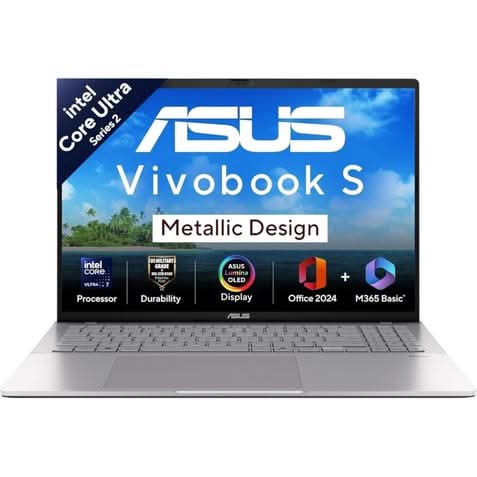 ASUS Vivobook S16 S3607CA-SH077WS, Ultra 7 255H, 16GB, 512GB SSD, Intel Graphics, 16 inch, FHD,Windows 11 Home, Office Home 2024, M365 Basic, 1 Year, Silver