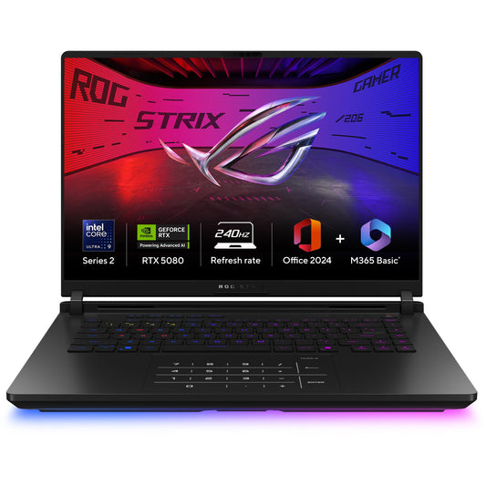 Asus Scar 16 INTEL ARL HX Core Ultra 9/RTX5080 16GB/DDR5 32GB/2TB PCIe 4.0 NVMe M.2 Performance SSD/16.0 WQXGA ANTI-GLARE NON-TOUCH,1200NITS(HDR)(2000 ZONE)/B,IPS,ACR-NB(RW)/Backlit Chiclet Keyboard Per-Key RGB With Copilot key/90WHrs, 4S1P, /Black