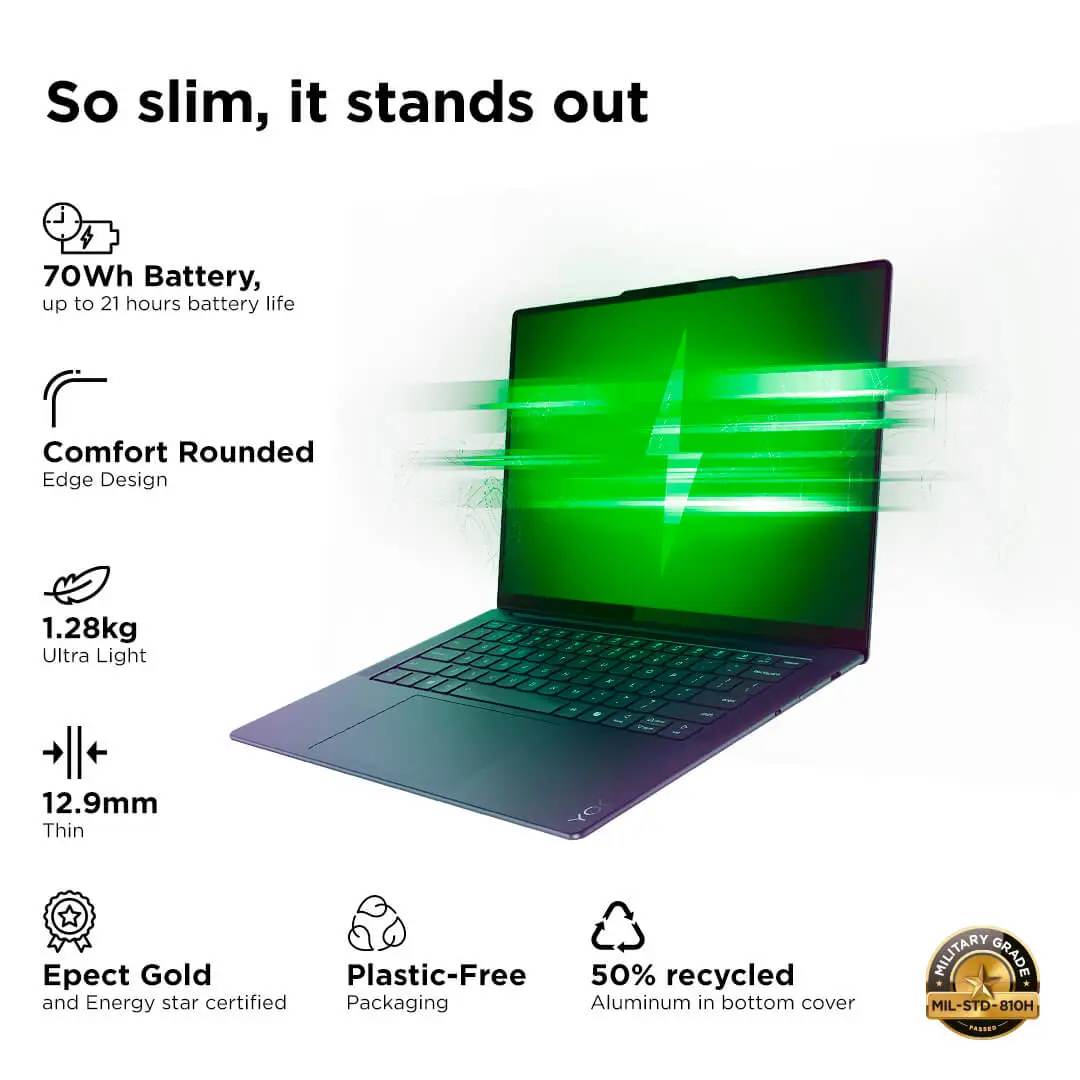 Lenovo Yoga Slim 7 Snapdragon X Elite X1E Built in-AI with Copilot+ 14"(35.5cm) 3K OLED 500Nits Touchscreen Laptop (32GB/1TB SSD/90Hz/Qualcomm NPU 45TOPS/Win11/MSO/1Yr ADP Free/Grey/1.4Kg), 83ED003BIN