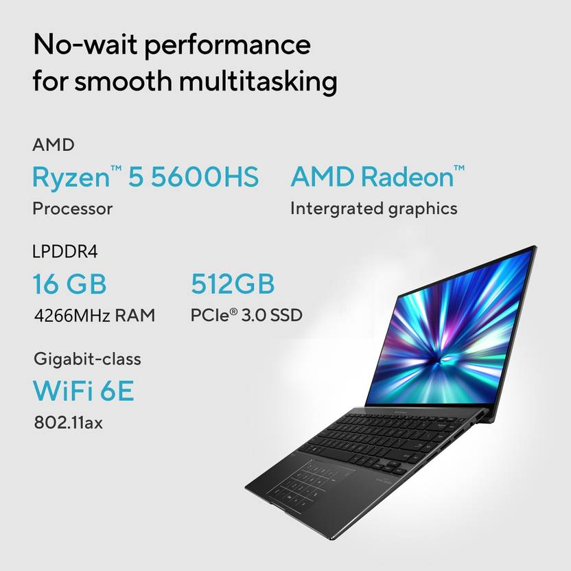 ASUS ZENBOOK 14X OLED AMD RYZEN 5 HEXA CORE 5600HS - (16 GB/512 GB SSD/WINDOWS 11 HOME) UM5401QA-KM541WS THIN AND LIGHT LAPTOP  (14 INCH, GLASS JADE BLACK, 1.40 KG, WITH MS OFFICE)