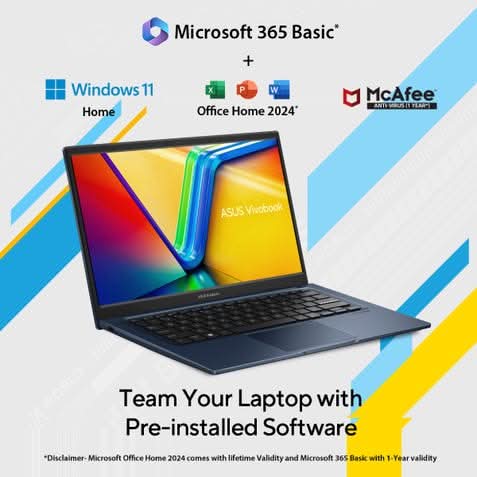 ASUS Vivobook 14, Light Weight Laptop, Intel Core i3-1315U (8GB/512GB/Intel UHD Graphics/35.56 cms (14) FHD/Windows 11 Home/Office Home 2024 + M365 Basic (1 Year Validity) X1404VA-EB322WS