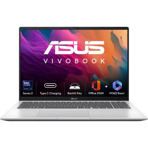 ASUS Vivobook 16 X1607CA-MB350WS, Intel Core Ultra 5 225H, 16GB RAM, 512GB SSD, Intel Graphics, 16 inch FHD+, Windows 11 Home, Office Home 2024, M365 Basic-1 Year Validity, AI Powered Light Weight Laptop, 1 Year(s) Warranty, Silver